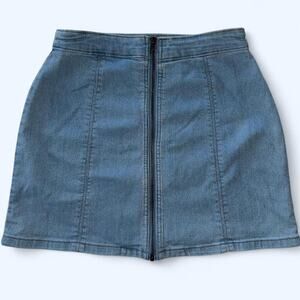 Blue denim zip up mini skirt